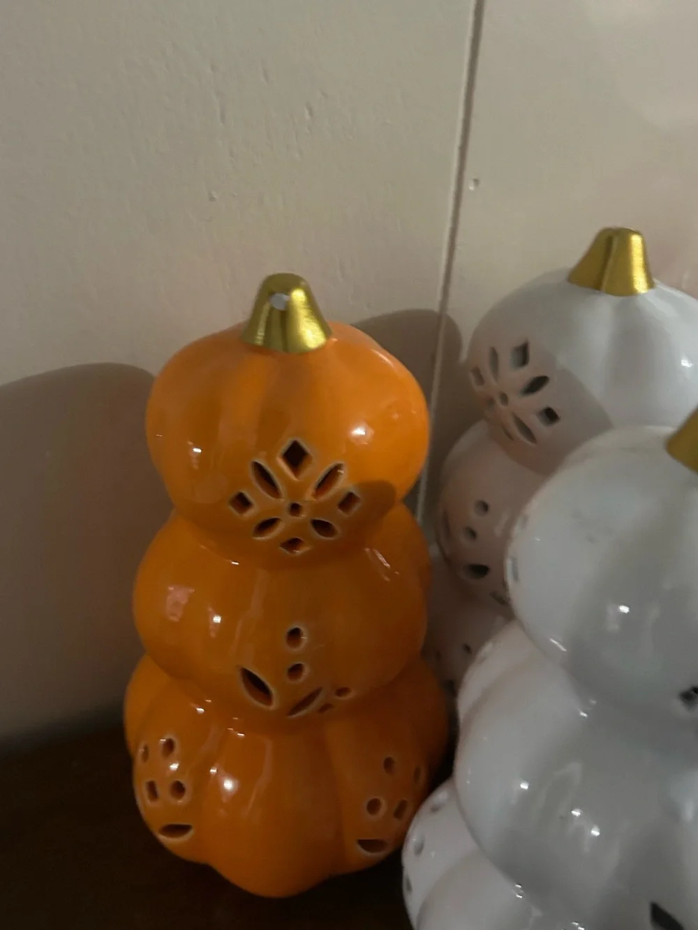 Ceramic Pumpkin Stack Lanterns - White and Orange with Gold Tops 5 pieces
